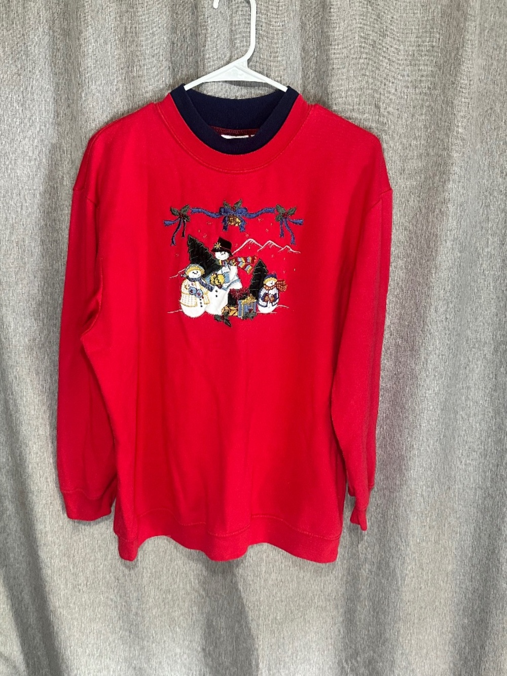 Vtg 90s Christmas Snowmen Layered Mock Neck Sweatshirt Red Large